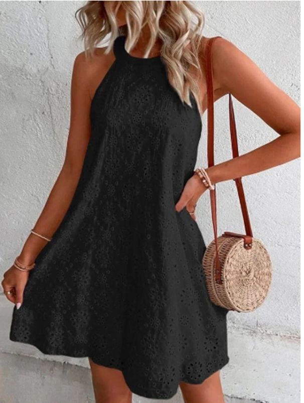 Women's Lace Solid Colour Sleeveless Button Up Neck Dresses_mkmklike.com