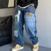 Men's Heavyweight Denim Jeans With Edgy Patches, Relaxed Straight Leg Fit For Casual Street Style_mkmklike.com
