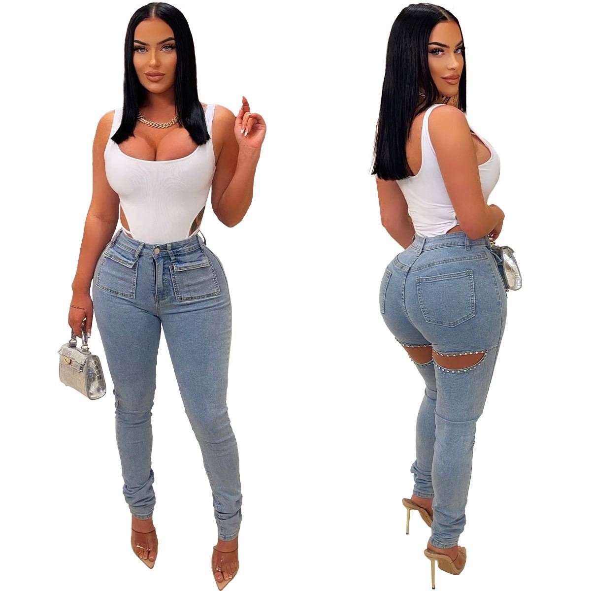 Women's Clothing High End Quality High Elastic Casual Ripped Washed Water Embellished Pearl Slim Fit Small Foot Jeans_mkmklike.com