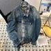 Men's Clothing Fashion Streetwear Patchwork Denim Jacket - Distressed Plaid & Asymmetrical Layering Coat For Men & Women (Blue/White)_mkmklike.com