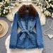 Trendy Wool-Collar Denim Jacket – Oversized Cotton-Blend Coat With Stylish Polo Neck (Blue, Multiple Sizes)_mkmklike.com