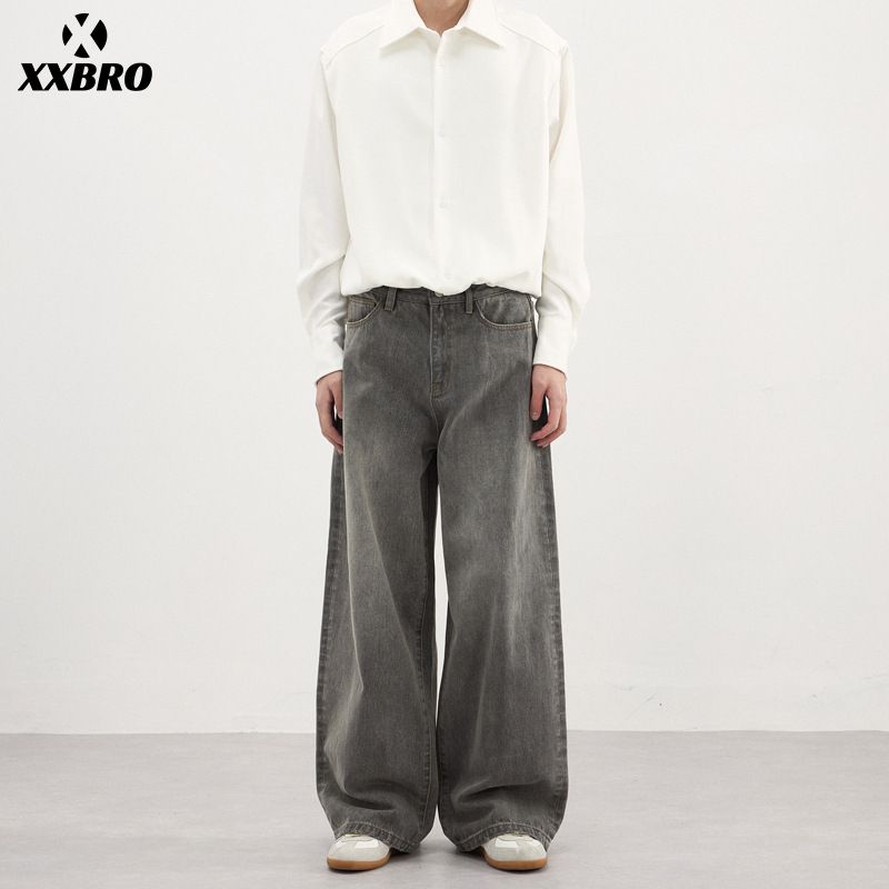 Men's Clothing Men's Washed Gray Distressed Jeans Loose Fit Versatile Straight Leg Wide Leg American High Street Trend Brand_mkmklike.com