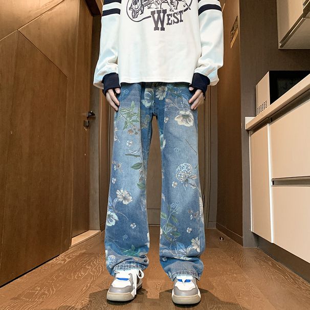 Men's American Style Vibe Printed Jeans Trendy Hip Hop Wide Leg Pants Mid Waist Cotton Spring Autumn Cool Stylish Couple Jeans_mkmklike.com