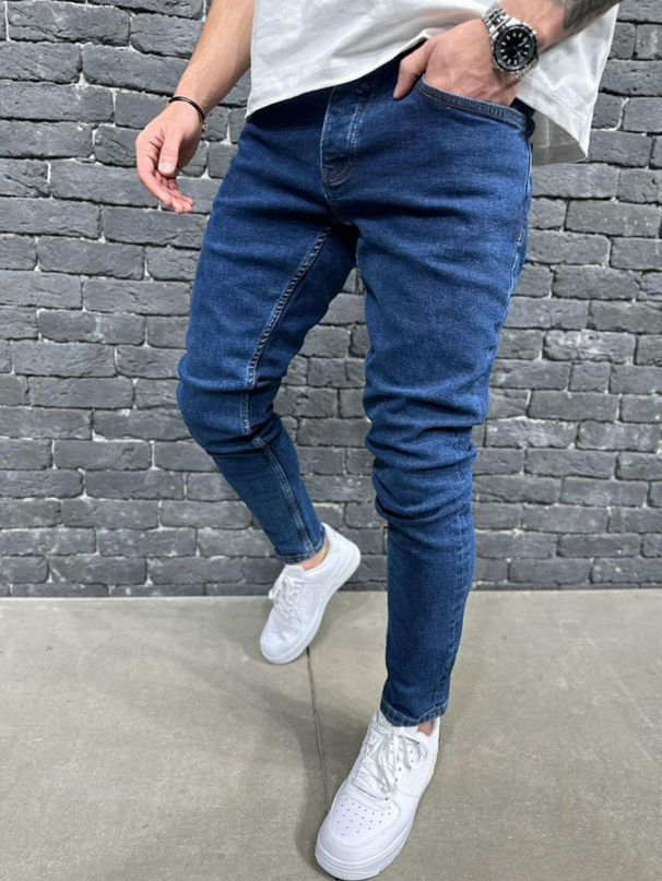 Vintage High Street Men's Jeans - Slim Fit Straight Leg Denim Pants For Casual Wear, Classic Blue Wash, Comfortable Cotton Fabric (XS-XXL)_mkmklike.com
