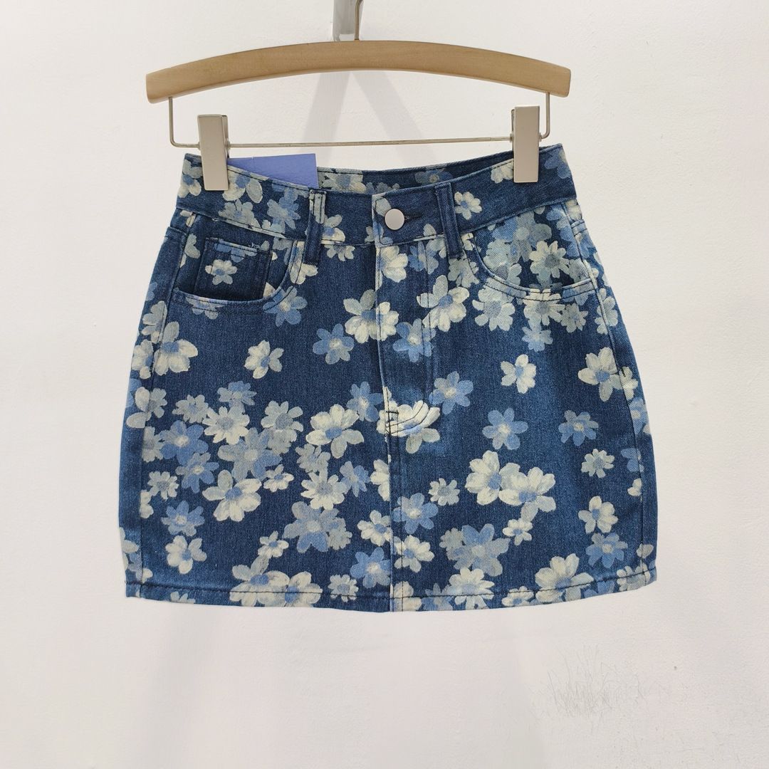 Women's Clothing Blue Printed Denim Skirt For Women, New Summer Style, High Waist, Slimming, Anti Exposure Floral A Line Hip Short Skirt_mkmklike.com