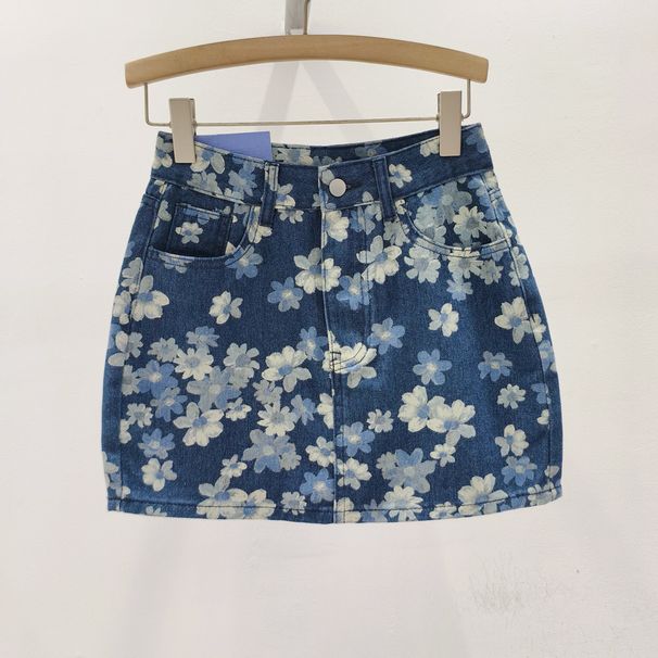 Women's Clothing Blue Printed Denim Skirt For Women, New Summer Style, High Waist, Slimming, Anti Exposure Floral A Line Hip Short Skirt_mkmklike.com