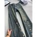 Men's Clothing Men's Retro Blue Slanted Hem Button Jeans High Street Vibe Straight Slim Fit Slightly Flared Curved Trousers Youth_mkmklike.com