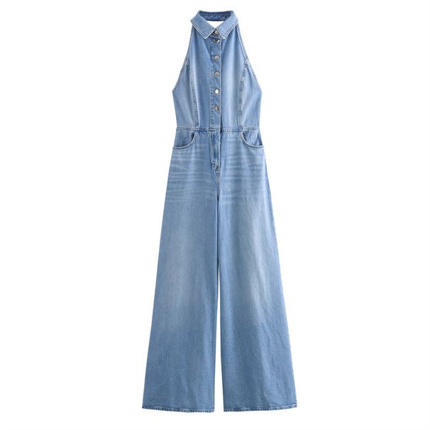 Women's Clothing Sexy Backless Halter Neck Long Denim Jumpsuit_mkmklike.com