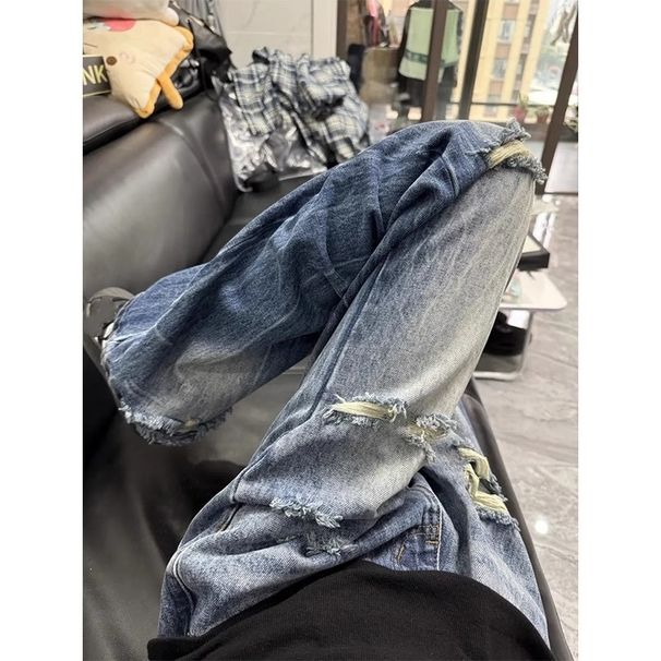 "Men's High Street Lightning Ripped Jeans – Distressed Slim Straight Bootcut (Vintage Washed, Trendy & Unique)"_mkmklike.com
