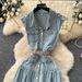 "Sleeveless Denim Dress With Metal Buckle Collar – Slim Fit, Mid-Length Summer Dress (Light Blue/Black, S/M/L/XL)"_mkmklike.com