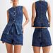 European And American Style Summer Women's Denim Two Piece Set Fashionable Casual Sleeveless Denim Crop Top + High-waisted Denim Shorts Women's Suit_mkmklike.com