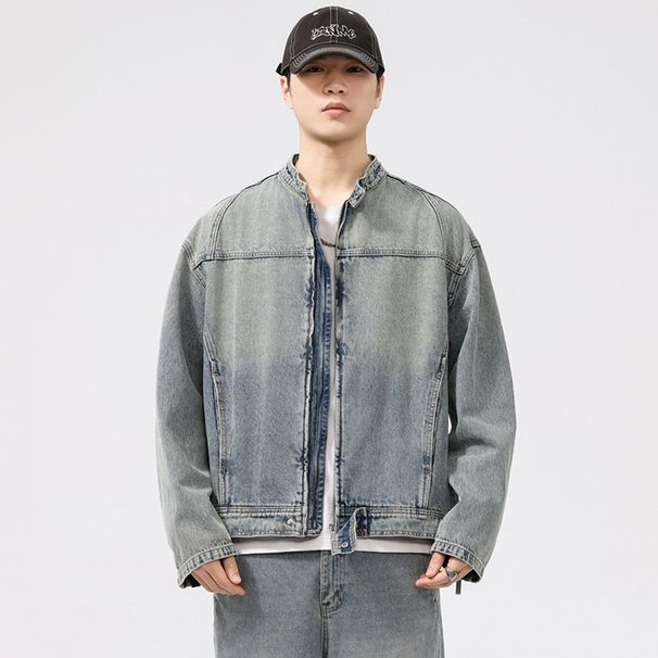 Pulse Pulse Unique Retro Stand Collar High-end European And American Street Style Cool Motorcycle Denim Jacket For Men_mkmklike.com