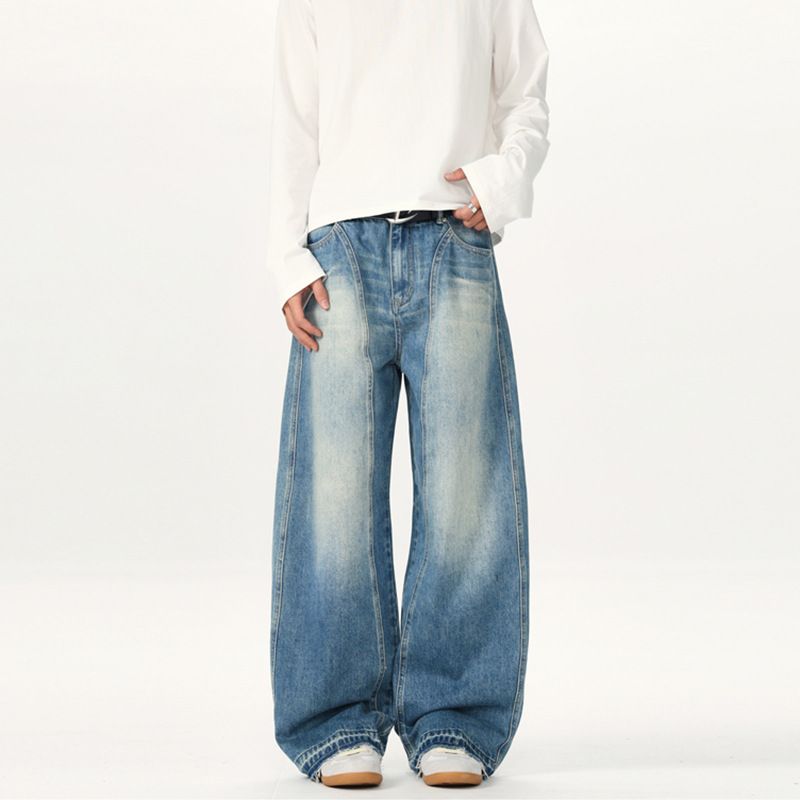 Deconstructed Curved Hem Jeans - Vintage Washed American Retro Banana Fit Men's Trousers With Asymmetrical Design_mkmklike.com