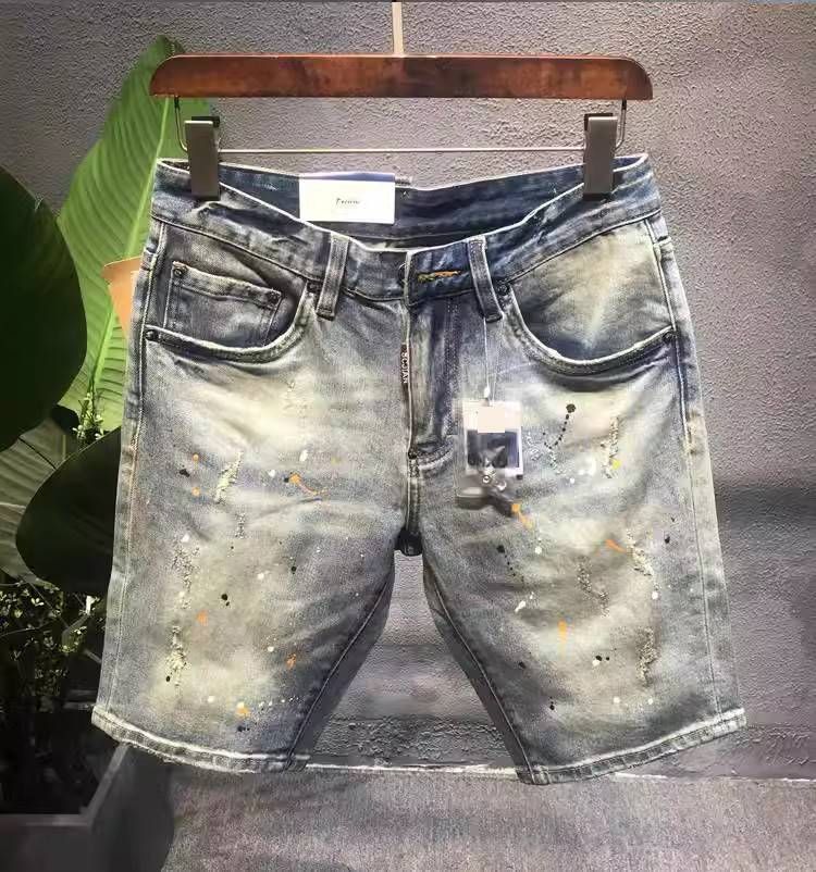 Men's Clothing Summer Splatter Denim Shorts For Men Light Color Distressed Mid-Length High-End Design Cool And Stylish Embroidered Five-Point_mkmklike.com