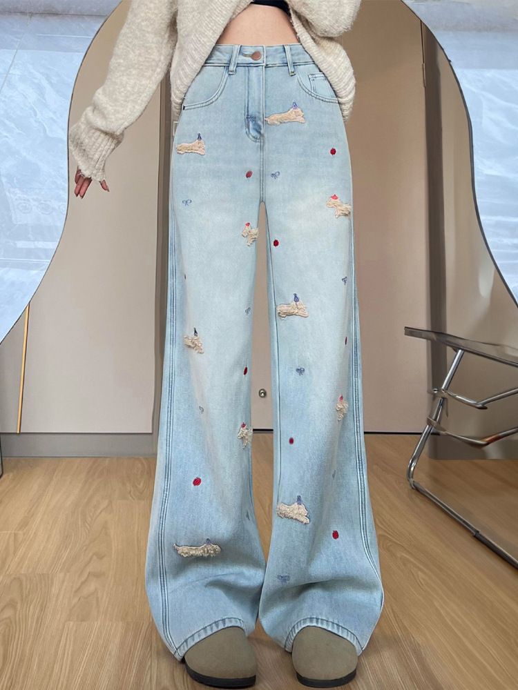 Women's High-Waisted Fleece Lined Dachshund Embroidered Jeans Loose Wide Leg Trousers Stylish Winter Denim Jeans Plus Size_mkmklike.com