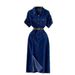 Women's Clothing High End Polo Collar Denim Dress Summer Split Belt Design Niche Temperament Long Skirt_mkmklike.com