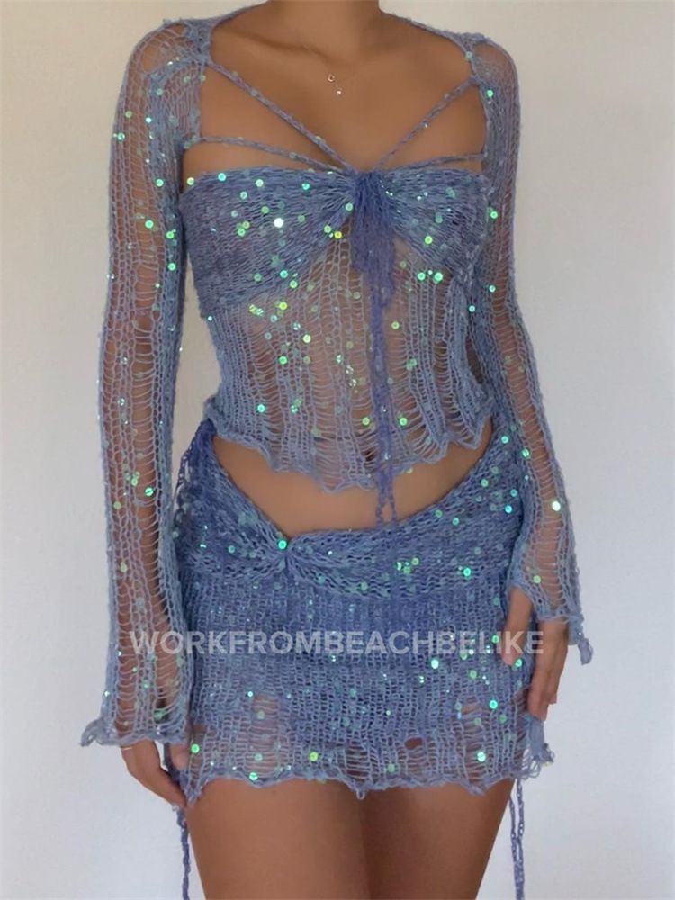 Women's Clothing fashion slim sexy long sleeved woolen short skirt exposed navel T shirt split short four piece set_mkmklike.com