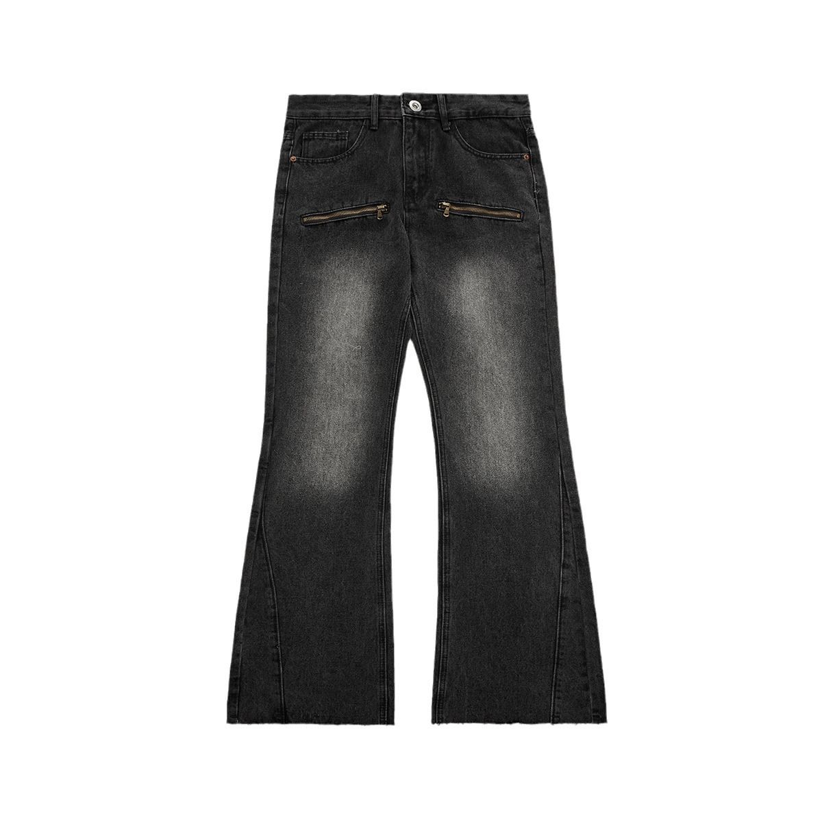Men's Washed Flared Jeans With Zipper Pockets – Slim Fit, Raw Edge & Loose Comfort (Black Gray/Light Blue, S-XL)_mkmklike.com