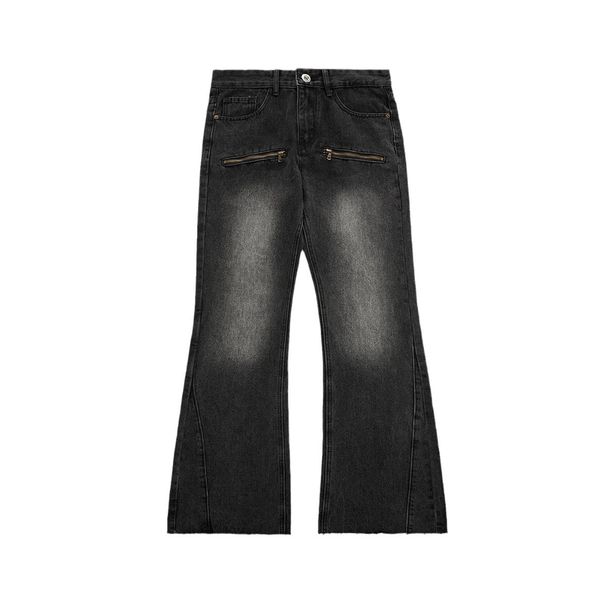 Men's Washed Flared Jeans With Zipper Pockets – Slim Fit, Raw Edge & Loose Comfort (Black Gray/Light Blue, S-XL)_mkmklike.com