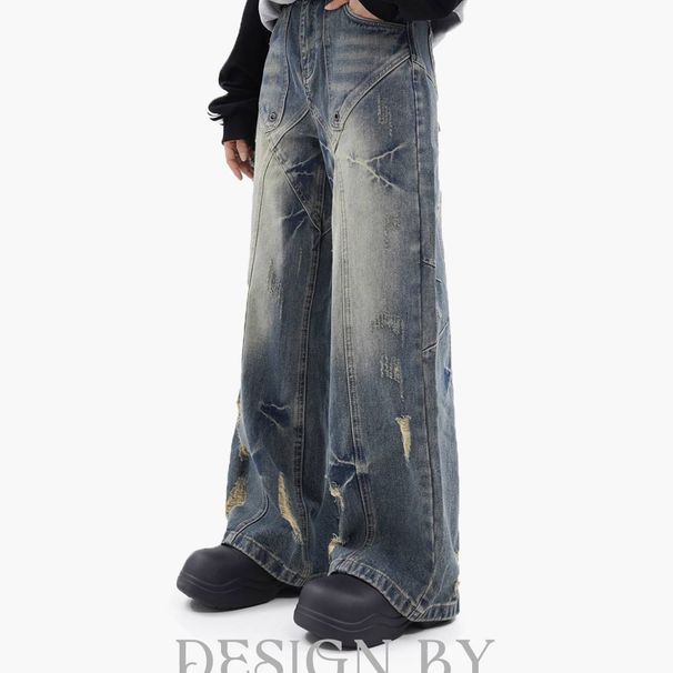 Men's Clothing High Street Straight Yellow Mud Dyed Jeans Loose Men And Women Retro Long Pants Tide Dirty Color Old_mkmklike.com