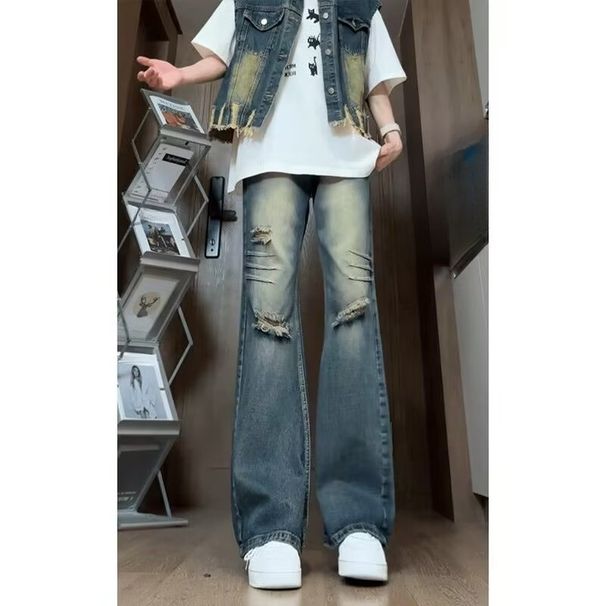 Vintage Distressed Flare Jeans For Men – 90s Retro High-Street Denim With Raw Hem & Destroyed Details_mkmklike.com