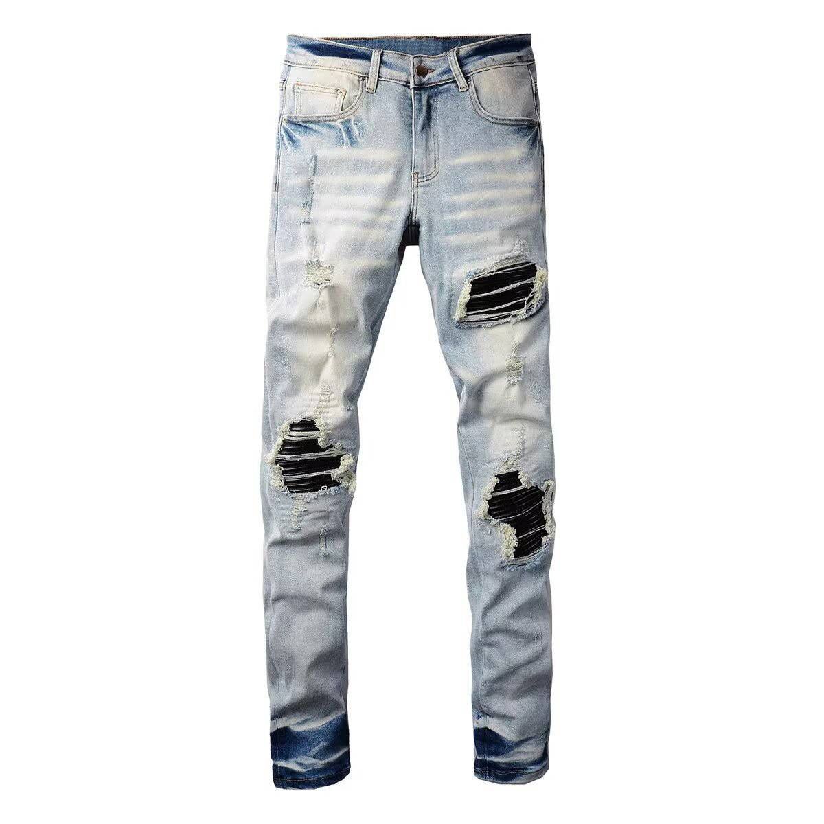 Men's Distressed Patchwork Jeans - High Street Style With Graffiti Lettering & Stretch Comfort_mkmklike.com