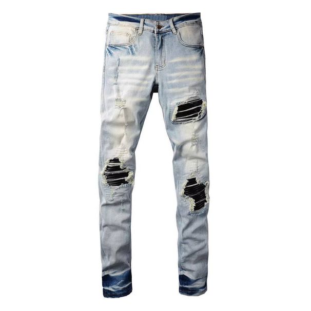 Men's Distressed Patchwork Jeans - High Street Style With Graffiti Lettering & Stretch Comfort_mkmklike.com