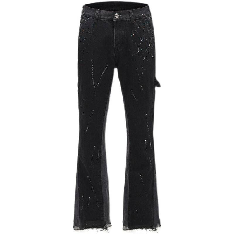 High Street Trendy Brand Splashed Ink Micro Flared Jeans Men's American Retro Vibe Style Loose Straight Casual Mopping Trousers_mkmklike.com