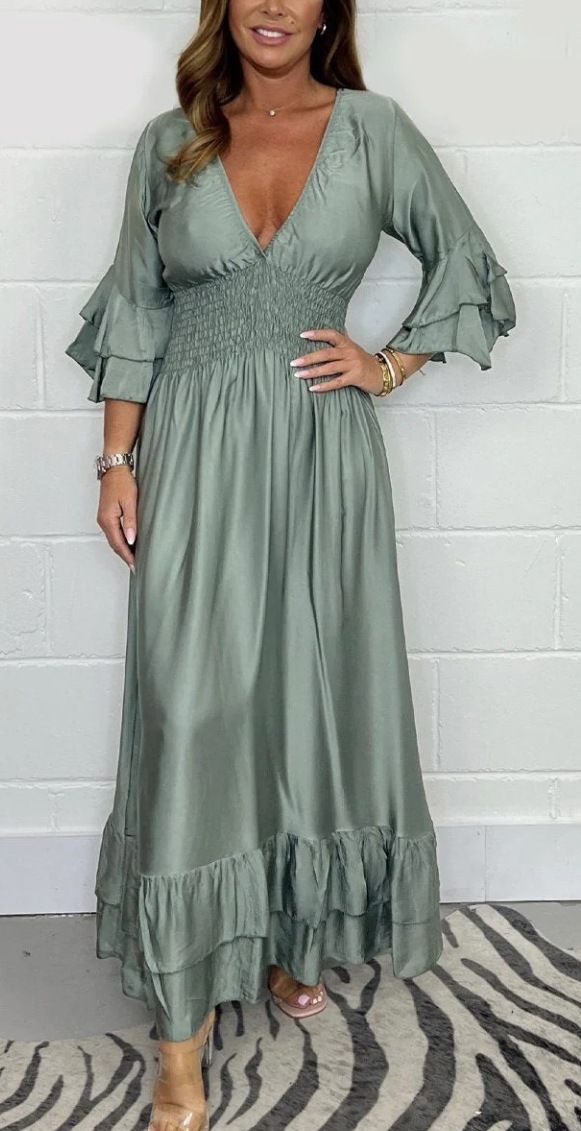 Women's Clothing fashion temperament satin solid color V-neck ruffle dress_mkmklike.com