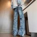 Men's Jacquard Jeans High Street Style Vibe Washed Straight Leg Casual Loose Fit Flared Pants Trendy Cool_mkmklike.com