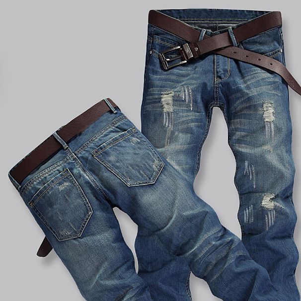 Men's Clothing Worn White Nostalgic Light Blueripped Holes Jeans_mkmklike.com