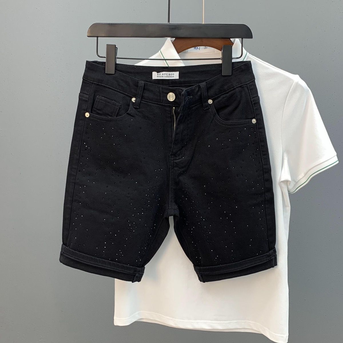 Trendy High Waist Cropped Jeans Rhinestone Embellishments Casual Denim High Street Pants For Young Men Summer Fashion_mkmklike.com