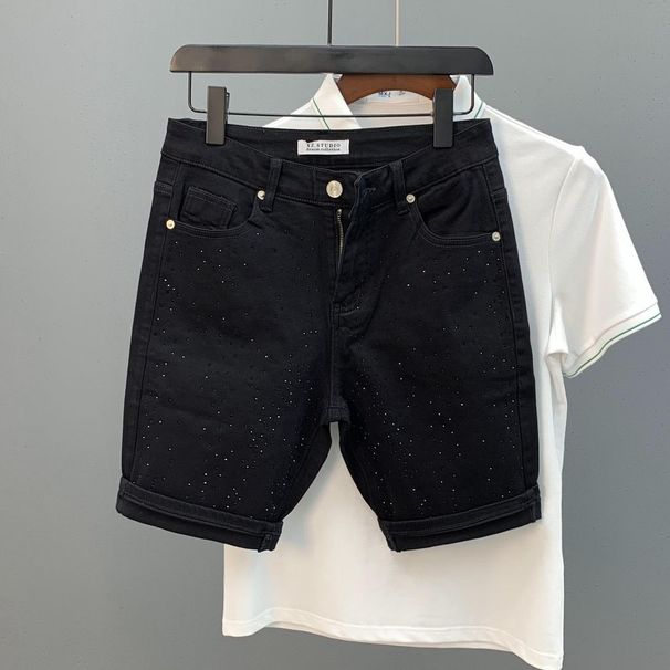 Trendy High Waist Cropped Jeans Rhinestone Embellishments Casual Denim High Street Pants For Young Men Summer Fashion_mkmklike.com