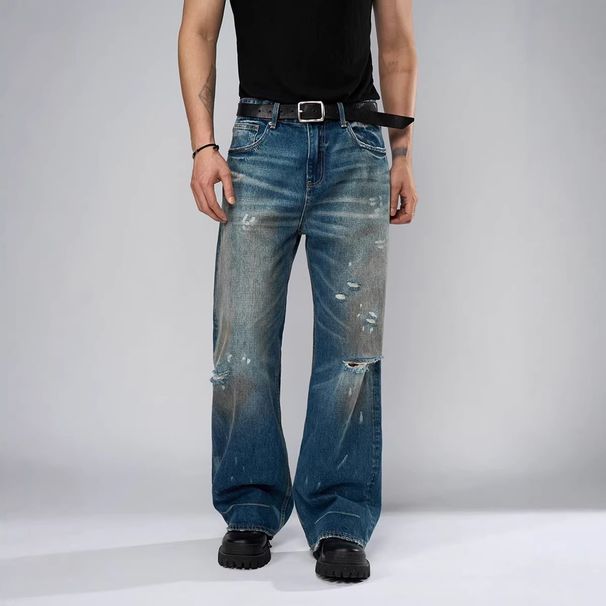 Men's Heavy-Distressed Denim Jeans – Vintage Washed Relaxed Straight Fit With Ripped Details (Blue, S-Xxxl)_mkmklike.com