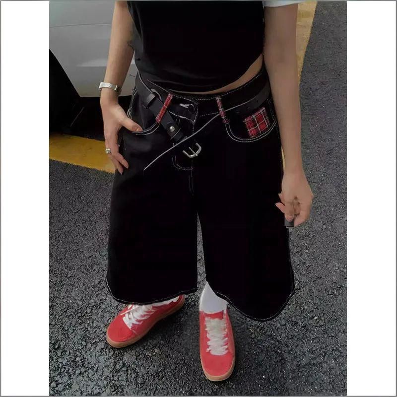 Women's Clothing Cow Women's Black Cropped Jeans Sexy High Street Fashion Checkerboard Patchwork Hot Girl Street Style Jeans_mkmklike.com