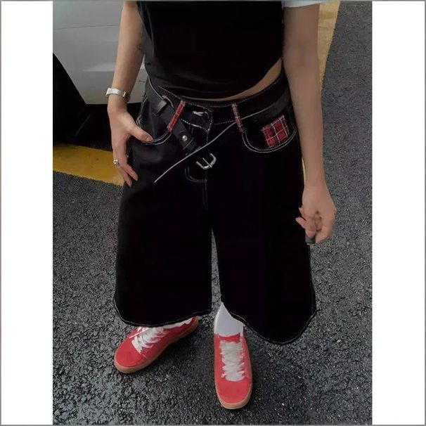 Women's Clothing Cow Women's Black Cropped Jeans Sexy High Street Fashion Checkerboard Patchwork Hot Girl Street Style Jeans_mkmklike.com