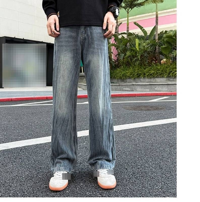 Men's Straight Leg Distressed Jeans Cleanfit Whiskered Bamboo Pattern Loose Flare Vibe Trousers American High Street_mkmklike.com