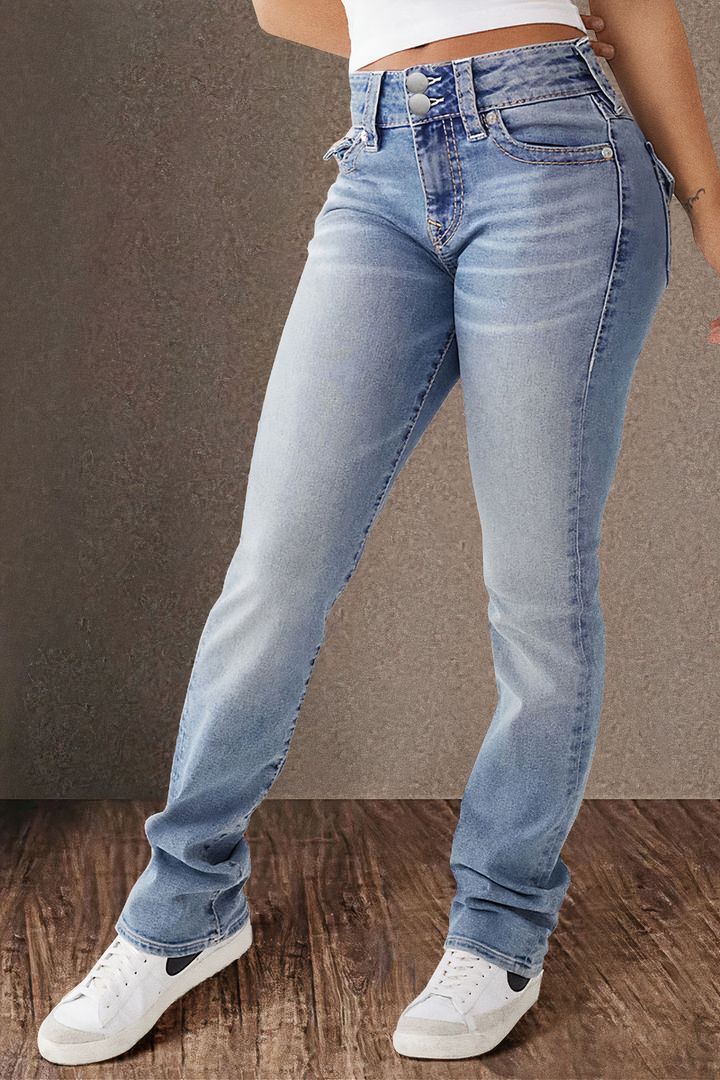 Women's Mid-Rise Straight Leg Jeans With Double Button Detail – Slimming, Versatile & Stylish Denim Pants For Casual & Chic Looks_mkmklike.com