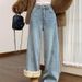 Clair Autumn Winter Fleece Lined Thickened Scimitar Wide Leg Jeans For Women High Waist Slimming Straight Floor-Length Pants_mkmklike.com
