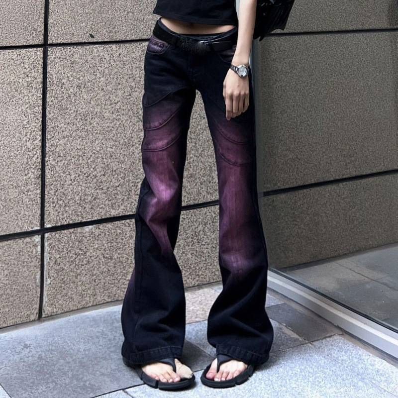 Women's Clothing Large Size Retro Washed Flared Jeans Design High Waist Straight Tie Dye Drop Long Pants_mkmklike.com