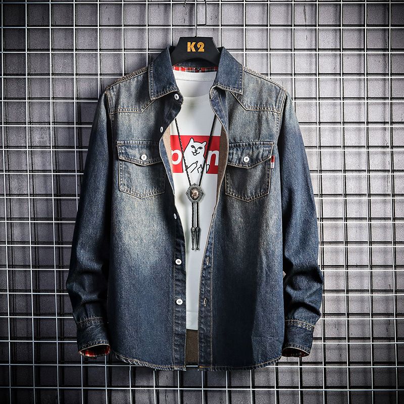 Men's Clothing New Thickened Men's Denim Long Sleeve Shirt Trendy Youth Jacket Shirt_mkmklike.com