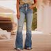 Elegant Distressed Flare Jeans For Women – Vintage Washed Denim With Double Button Detail_mkmklike.com
