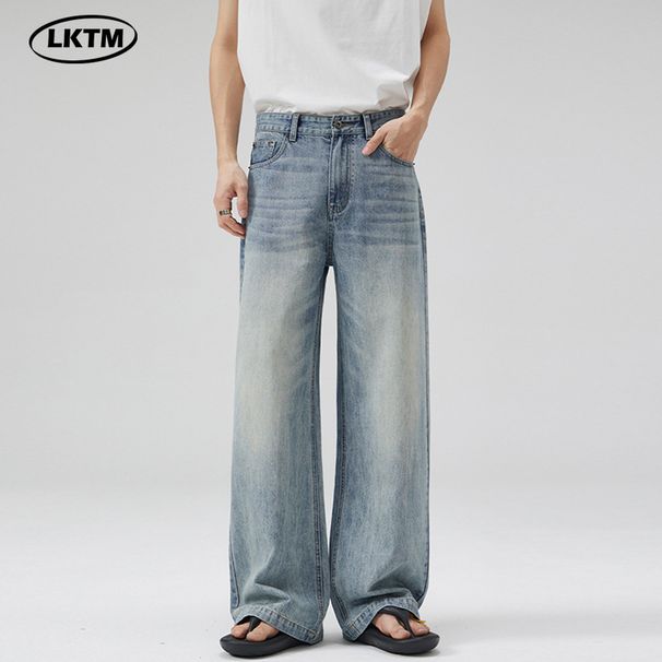 Men's Clothing Gradient Contrast A Line Jeans Vintage Washed Blue-White Ombre A-Line Jeans For Men – Streetwear Loose Fit Straight Leg Denim Pants_mkmklike.com