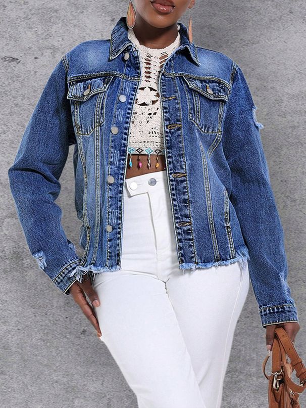 Women's Distressed Denim Jacket With Frayed Hem, Slim Fit Long Sleeve Vintage Coat, High Cotton Content (90%-95%) For Streetwear & Casual Style_mkmklike.com