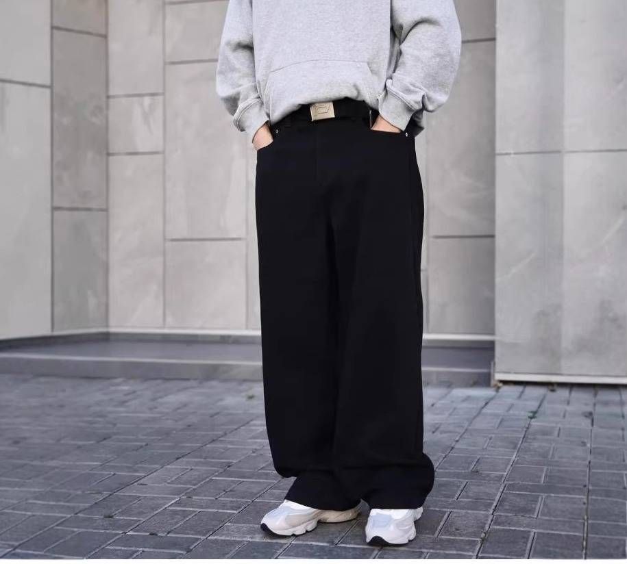 Men's Wide Leg Jeans Straight Leg Trousers Loose Fit Mid Waist Cotton Long Pants Black Light Blue_mkmklike.com