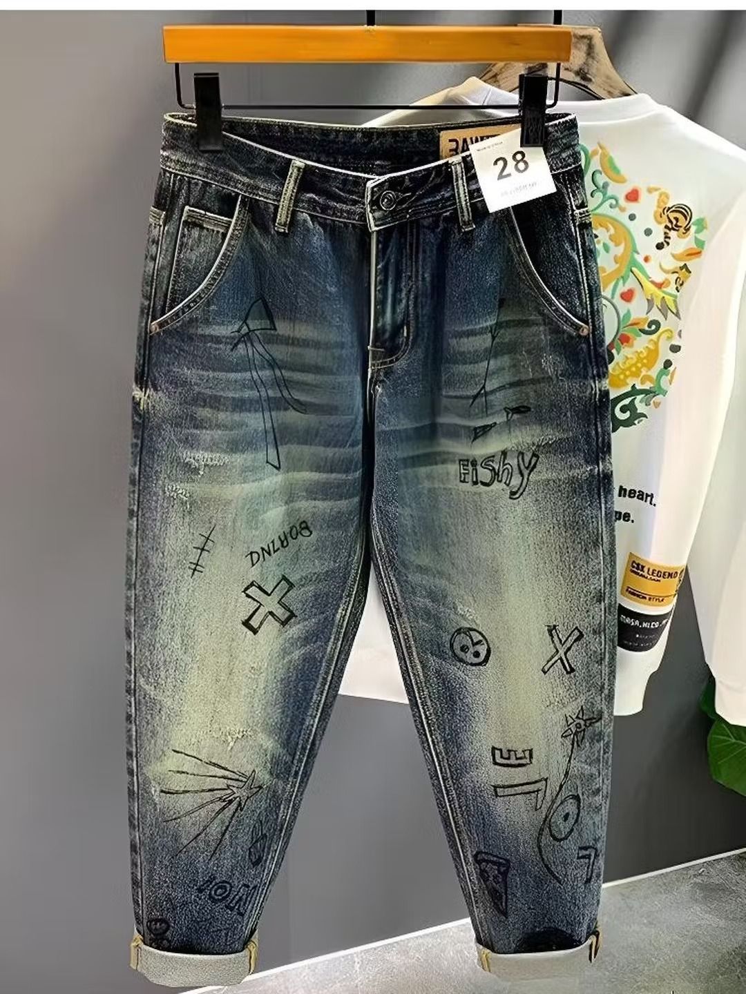 American Retro Jeans Men's Loose Casual Straight-leg Pants Trendy Brand Niche Graffiti Print Tapered Long Pants, Blue 28_mkmklike.com