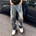 Distressed Tie-Dye Men's Jeans | Vintage Streetwear Straight Leg Baggy Pants For Casual Wear | Cotton Denim High Waist Trousers (Blue, S-3XL)_mkmklike.com