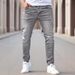 Men's Slim Fit Stretch Jeans - British Style Washed Denim, Mid-Rise With Zip Detail (Light Blue/Black/Gray, S-2XL)_mkmklike.com