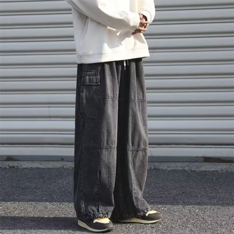 Men's Clothing Trendy Wide Leg Jeans High Street Style Loose Straight Leg Black Workwear Men's And Women's Street Style Pants_mkmklike.com
