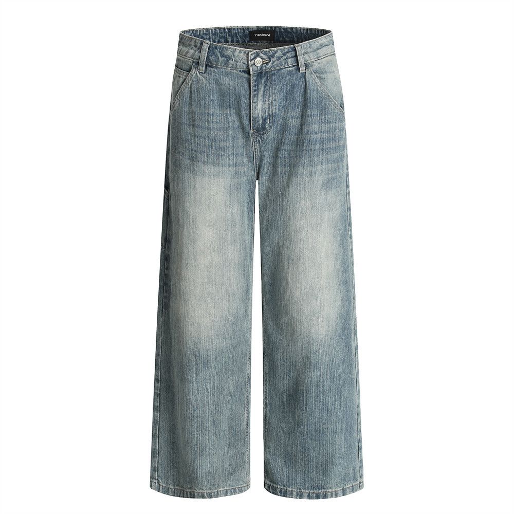 Distressed Washed Denim Loose Wide-Leg American Street Style Casual Men's Versatile Straight-Leg Dad Pants_mkmklike.com
